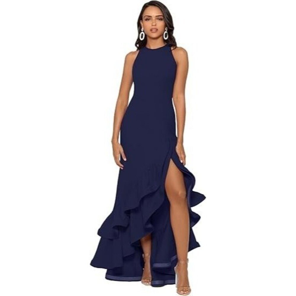 Betsy & Adam Women’s Sleeveless Scuba Crepe Long Dress 6 PETITE Ruffle Gown Navy